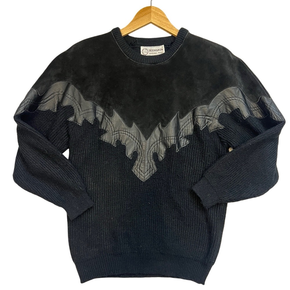 Vintage 90s Leather Knit Sweater Mens M Black Grunge Western Textured - Picture 1 of 8